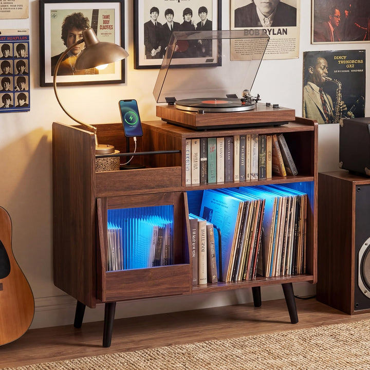 Giantex Record Player Stand with LED Light and Power Outlets Large Turntable Stand with Sliding Door
