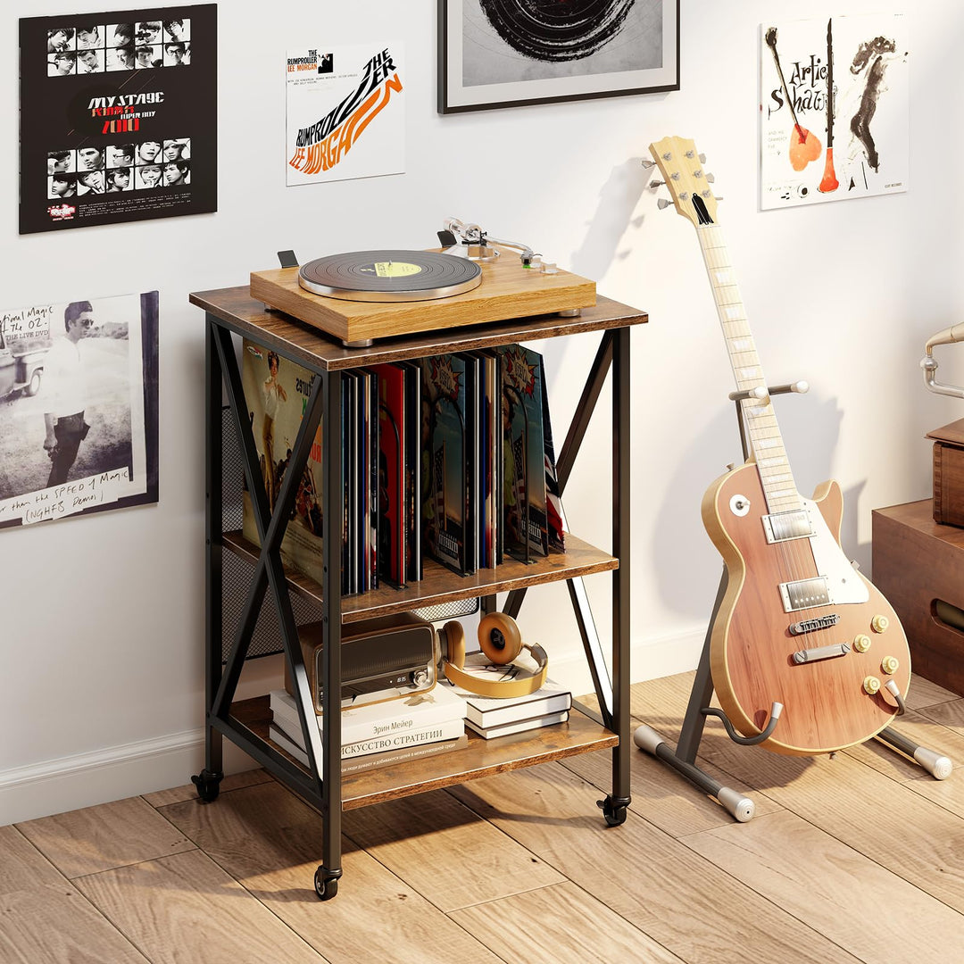 Giantex Record Player Stand with Charging Station Turntable Stand with Record Storage &amp; 4 Rolling Wheels