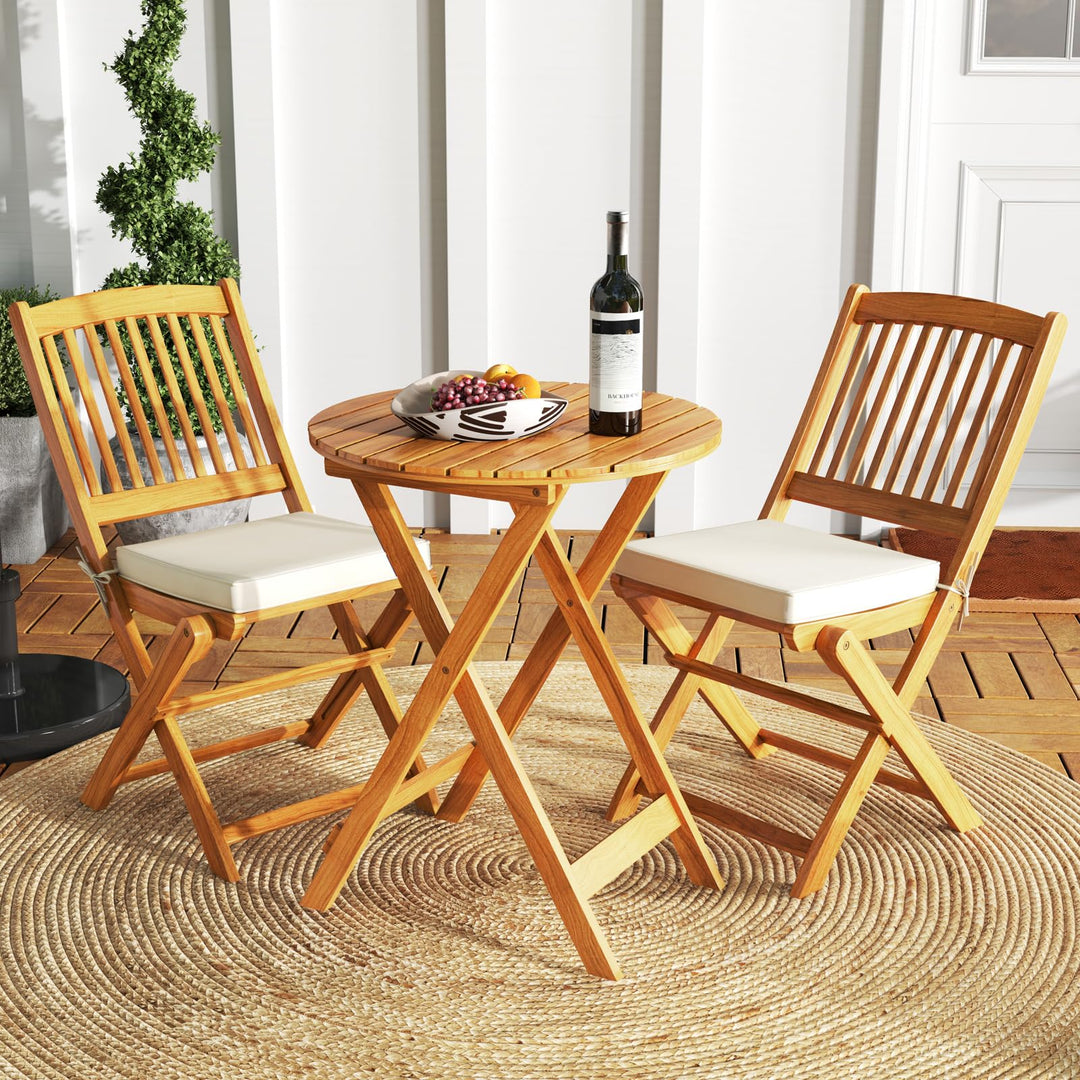 Giantex Patio Bistro Set 3 Pieces, Outdoor Acacia Wood Folding Table &amp; Chairs Set with 2 Padded Cushions