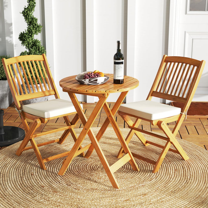 Giantex Patio Bistro Set 3 Pieces, Outdoor Acacia Wood Folding Table &amp; Chairs Set with 2 Padded Cushions
