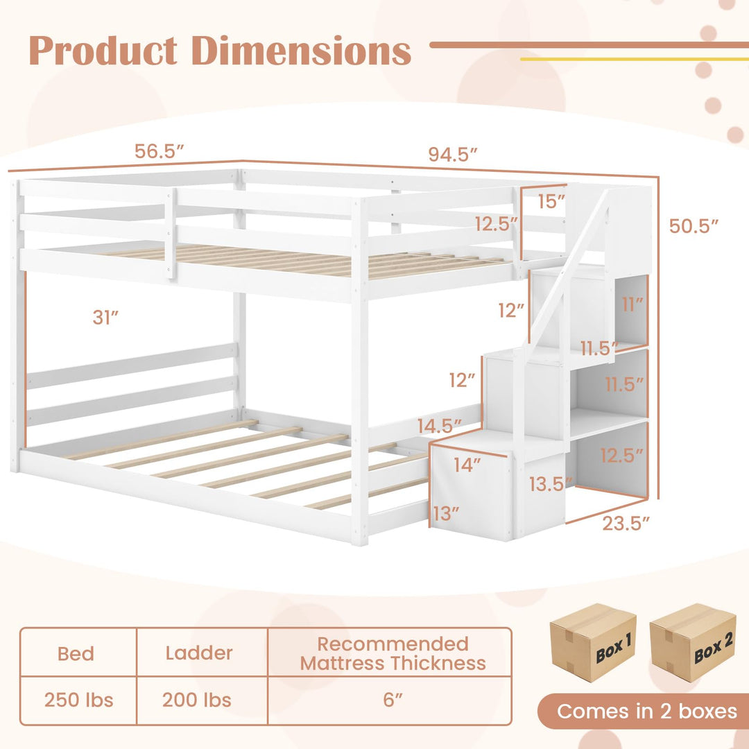 Giantex Bunk Bed with Stairs, Solid Wood Floor Bunk Bed with Storage Staircase &amp; Full-Length Guardrails
