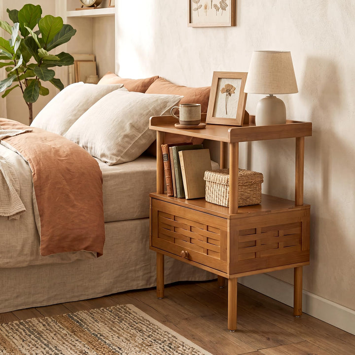 Giantex Boho Bamboo Rattan Nightstand w/Flip-Up Door &amp; Rasied Edge
