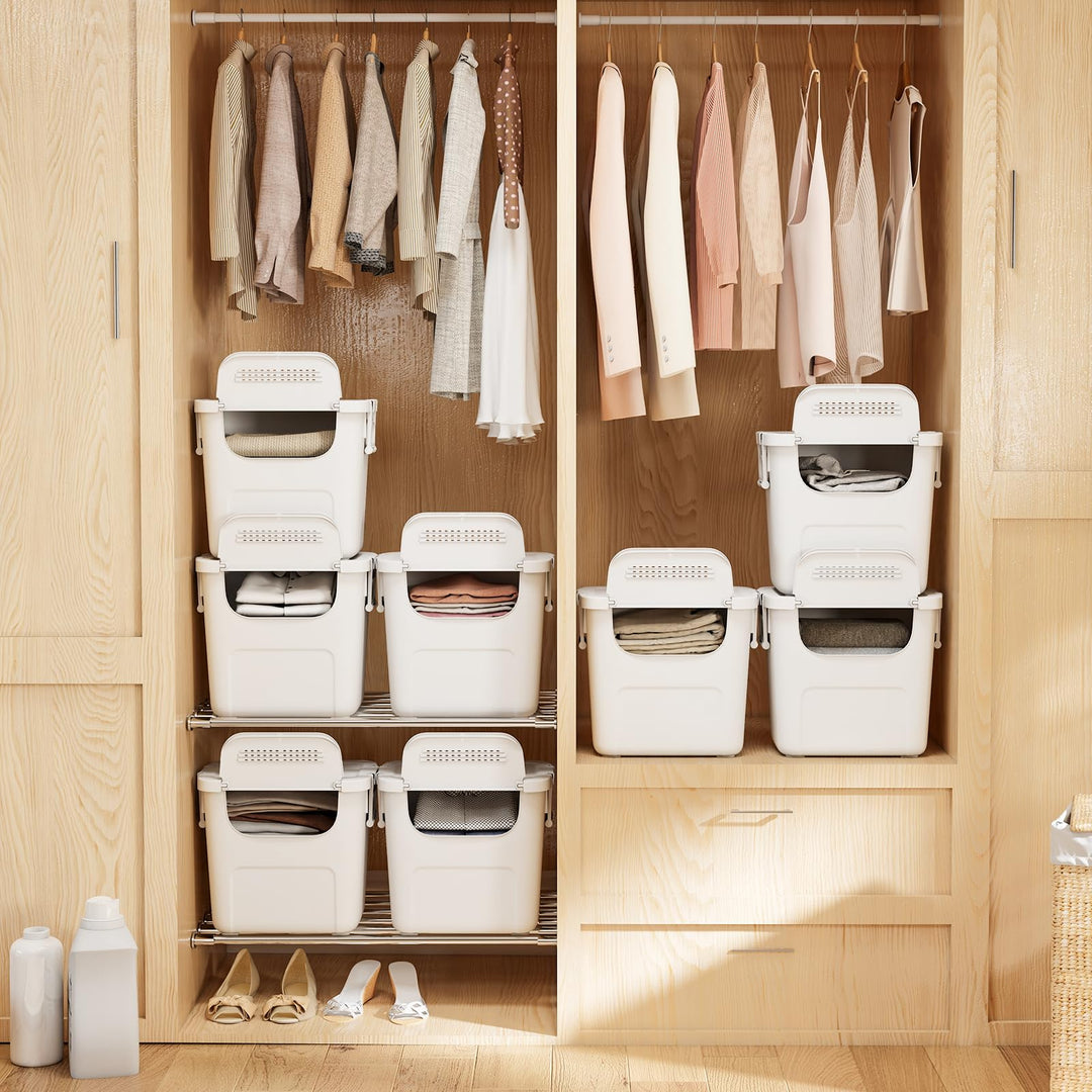 Giantex 3 Pieces Plastic Storage Bins Stackable with Front Door and Side Handles