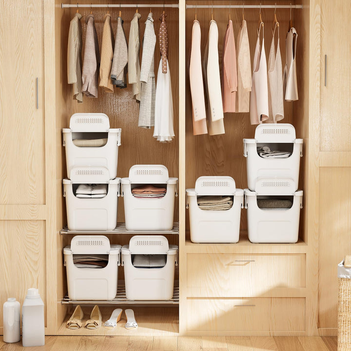 Giantex 3 Pieces Plastic Storage Bins Stackable with Front Door and Side Handles