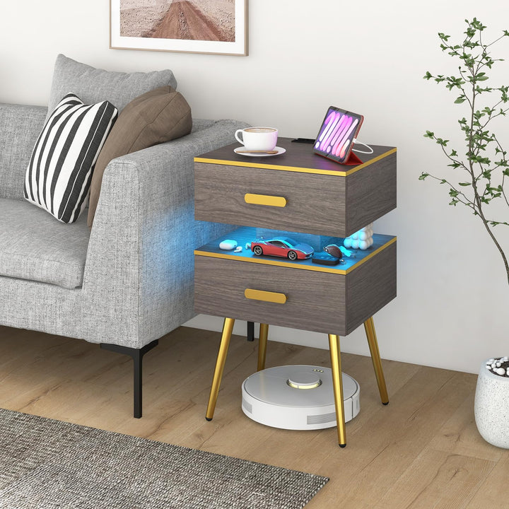 Giantex Nightstand with Charging Station &amp; LED Lights, 28.5" Bedside Table with 2 Drawers