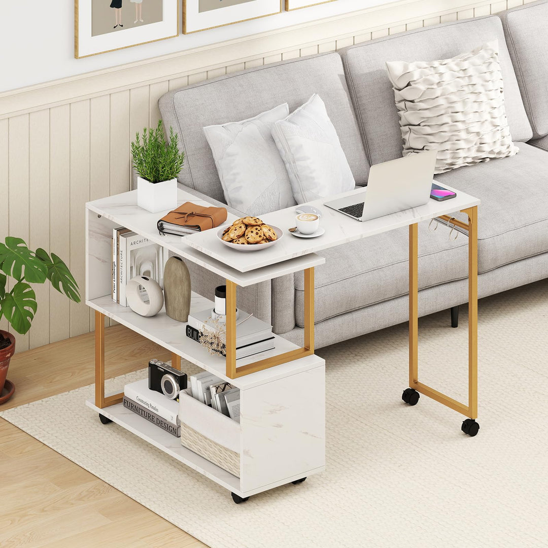 Giantex 360° Free Rotating Sofa Side Table Modern L Shaped Desk with Storage Bookcase