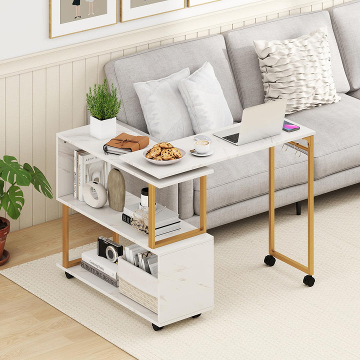 Giantex 360° Free Rotating Sofa Side Table Modern L Shaped Desk with Storage Bookcase