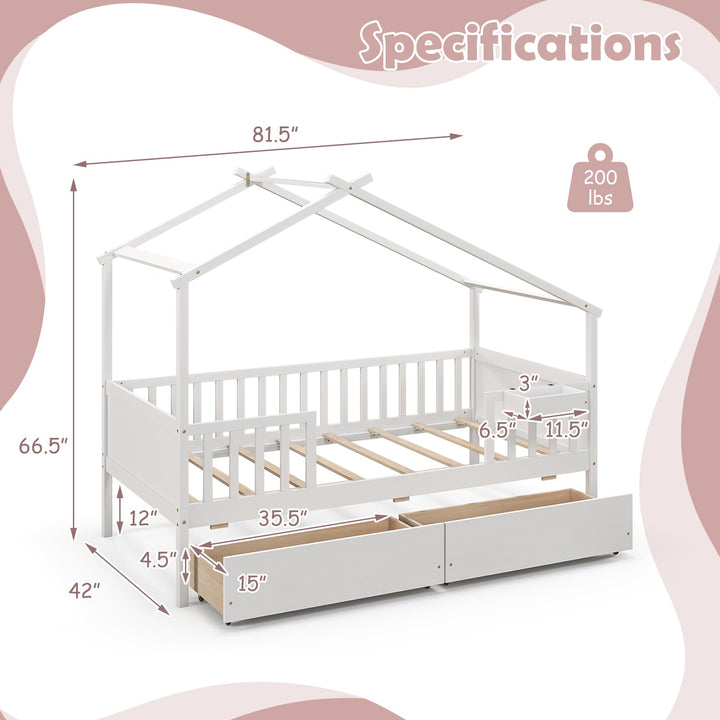 Giantex Twin House Bed with Drawers, Wooden Twin Bed Frame with Cube Storage &amp; Fence Rails