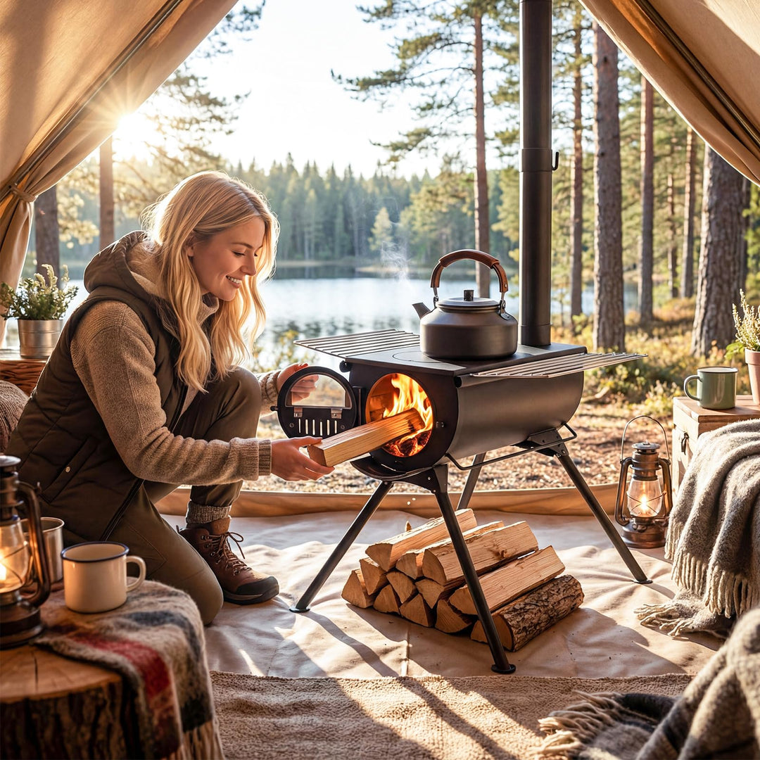 Giantex Hot Tent Stove Portable Wood Burning Stove w/ 5 Chimney Pipes