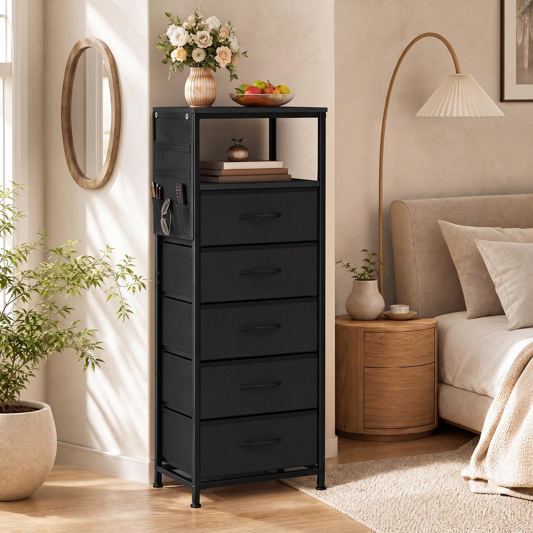 GIANTEX Modern 39" Bedside Table with Integrated Charging Station &amp; 5 Fabric Drawers (1/2)