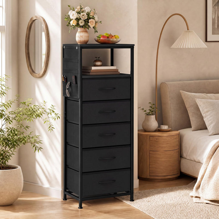 GIANTEX Modern 39" Bedside Table with Integrated Charging Station &amp; 5 Fabric Drawers (1/2)