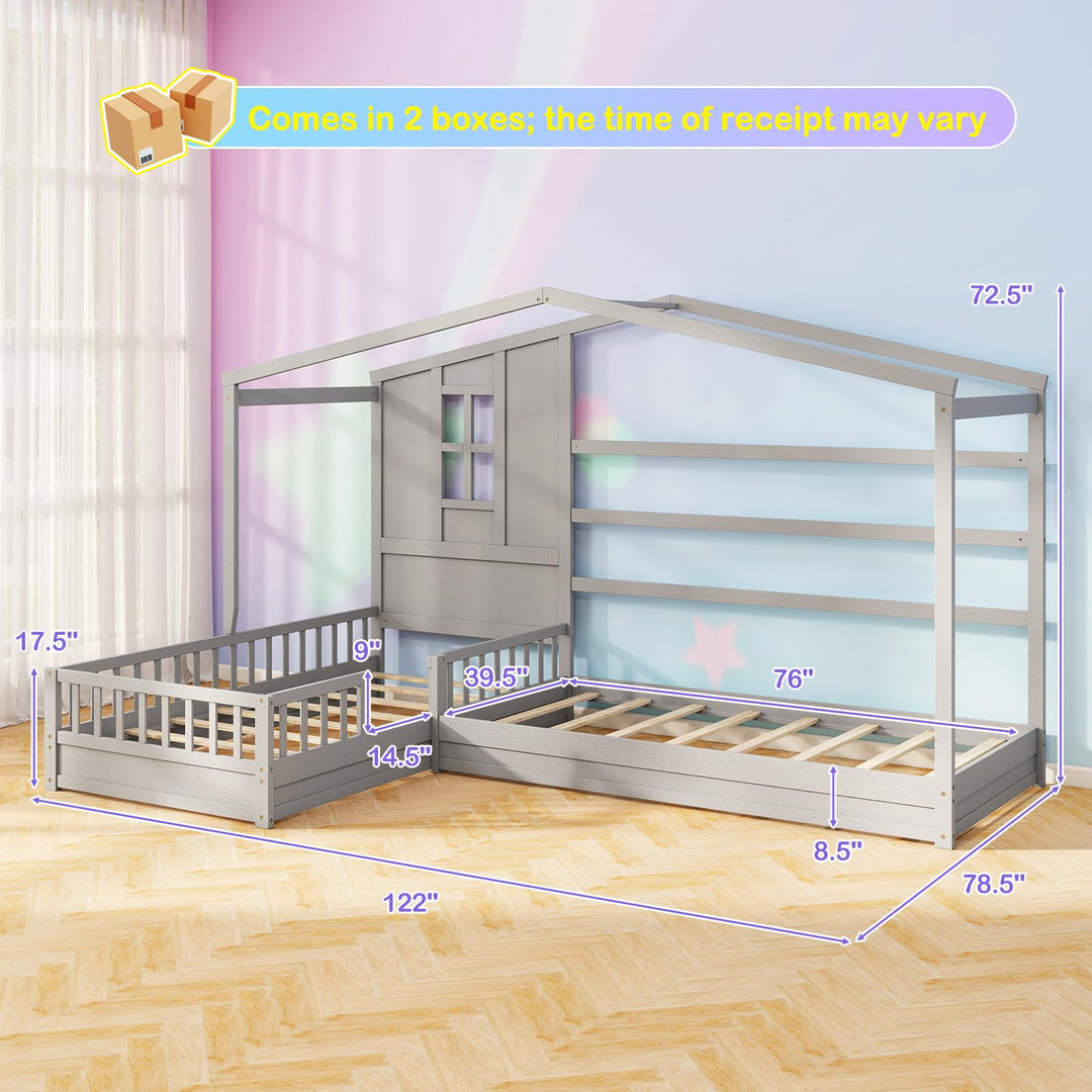 Giantex Double Twin Beds for Kids, House L-Shaped Platform Beds with Window &amp; Fences
