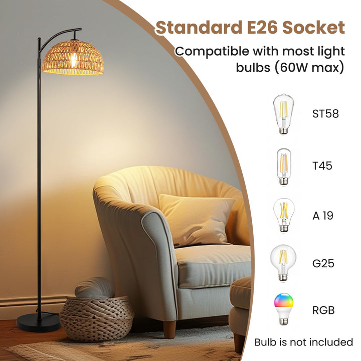 Giantex Boho Floor Lamp with Handwoven Paper Rope Shade Arc Standing Lamp with E26 Socket &amp; Foot Switch