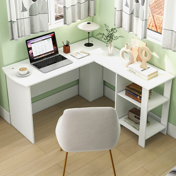 Giantex L Shaped Computer Desk, 51" Large Corner Desk with 2 Cable Holes &amp; 2 Storage Shelves, White