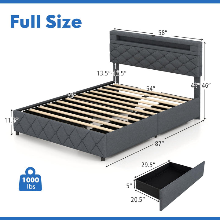 Giantex Queen/Full Size Bed Frame with Storage Headboard and 4 Drawers, Modern Upholstered Platform Bed with Charging Station