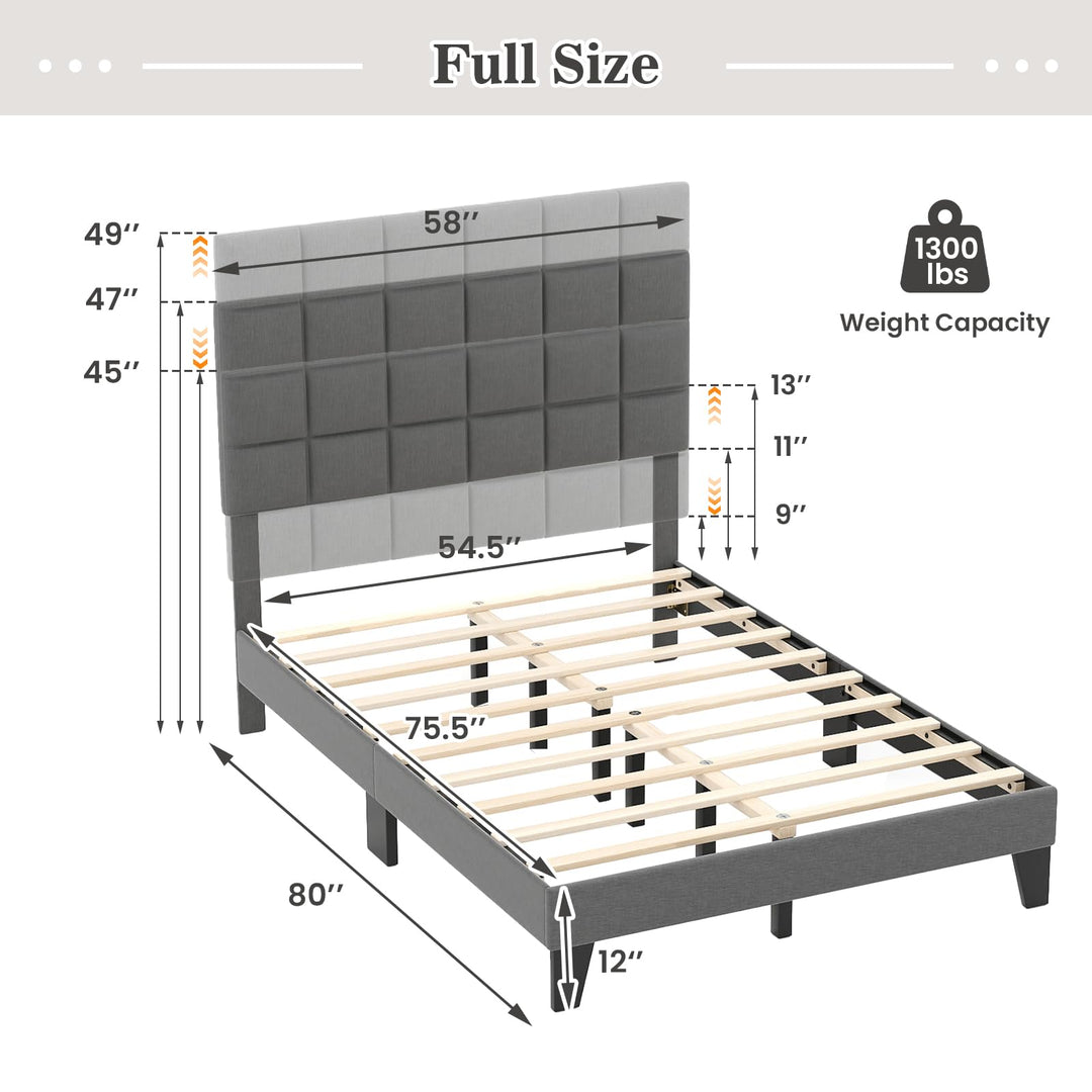 Giantex Full Size Platform Bed, Linen Fabric Upholstered Bed Frame with Adjustable Headboard &amp; Wooden Slat Support