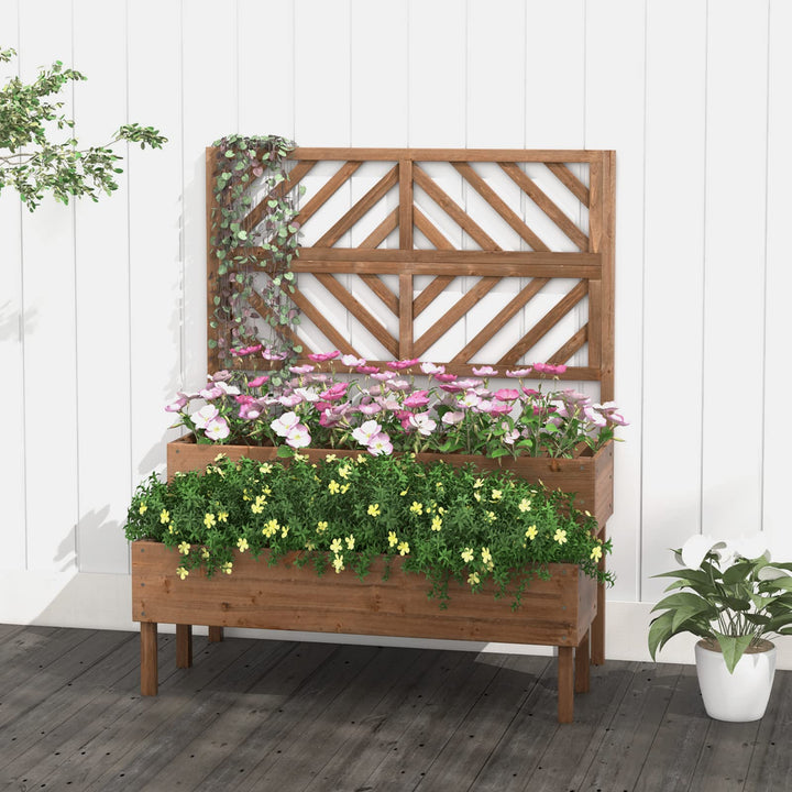 Giantex Raised Garden Bed with Trellis, 2-Tier Wooden Planter Box with Legs and Drain Holes (Brown)