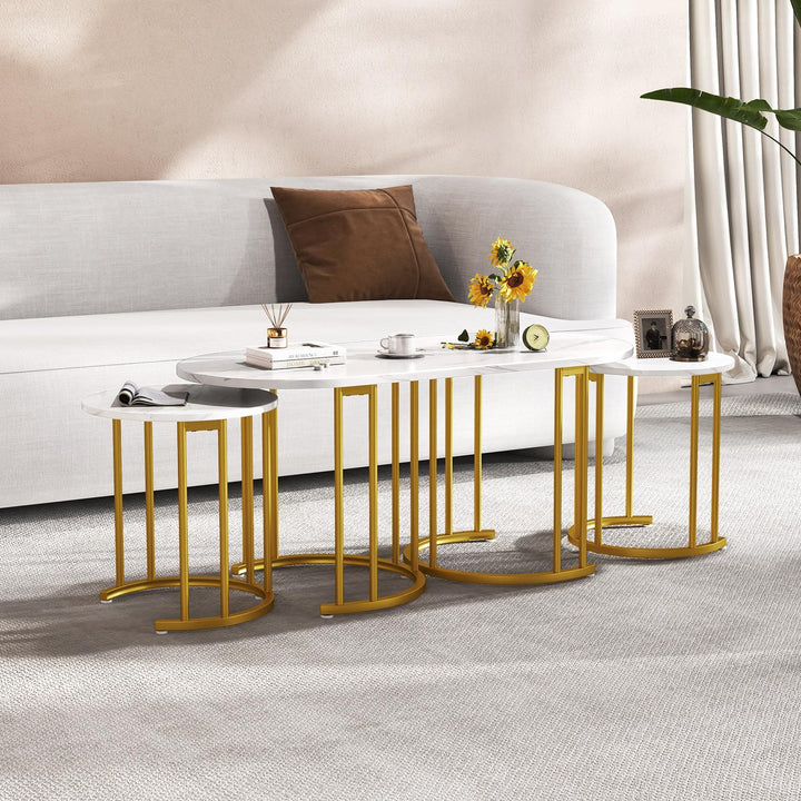 Giantex Nesting Coffee Table Set of 3, Stacking Side Tables with Faux Marble Tabletop &amp; Gold Metal Frame