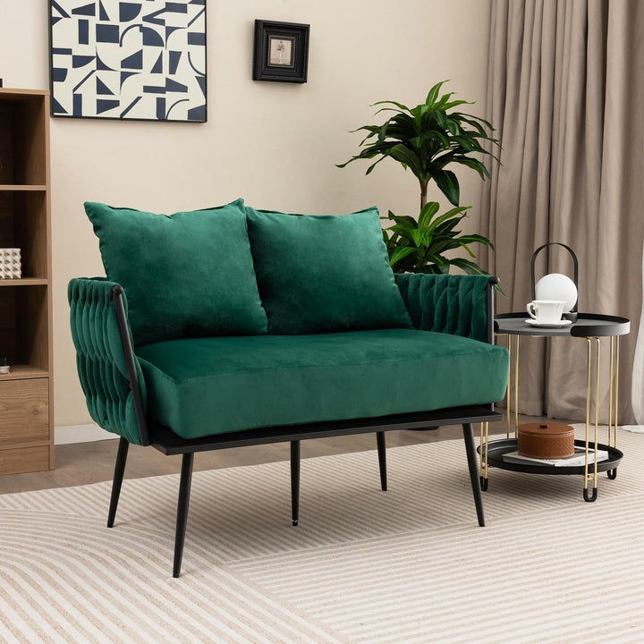 Giantex Loveseat Sofa, Upholstered 2 Seat Sofa Couch with Dutch Velvet, Woven Back and Arms, 2 Pillows