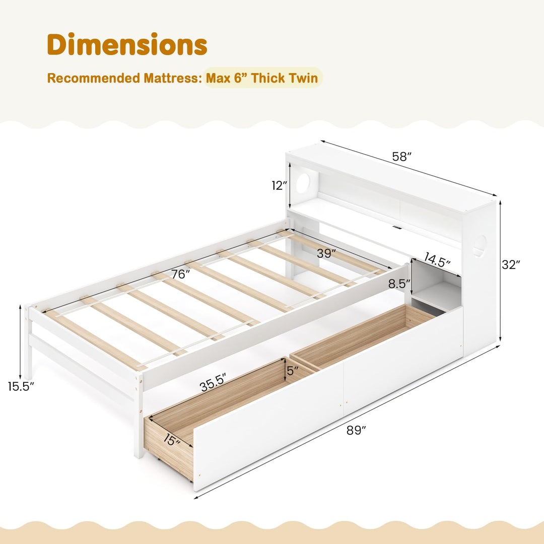 Giantex Wood Twin Bed Frame with Storage Drawer &amp; Headboard, Modern Platform Bed with Charging Station &amp; LED Light