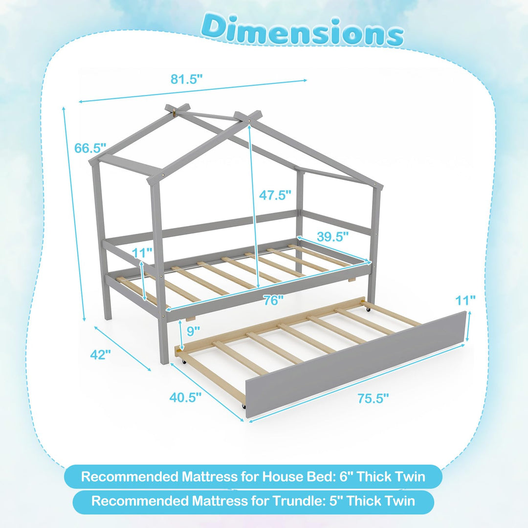 Giantex Wood House Bed for Kids, Twin Bed Frame with Trundle Bed Twin