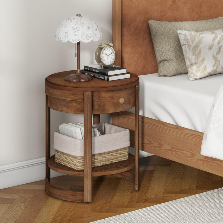 Giantex Round Side Tables Set of 1/2 | 2-Tier Retro End Tables with Drawer &amp; Shelf
