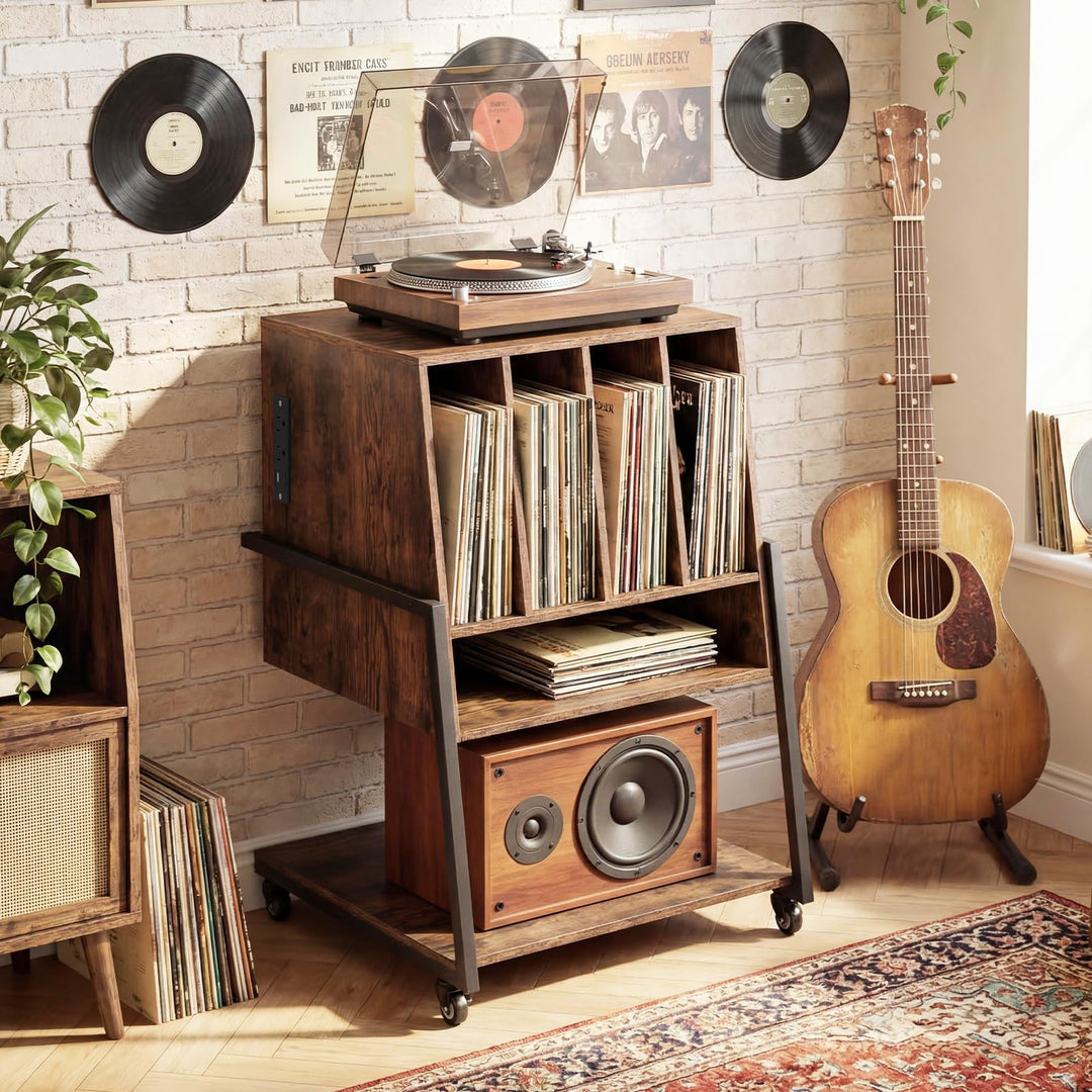 Giantex Record Player Stand on Wheels | 3-Tier Turntable Stand with Charging Station