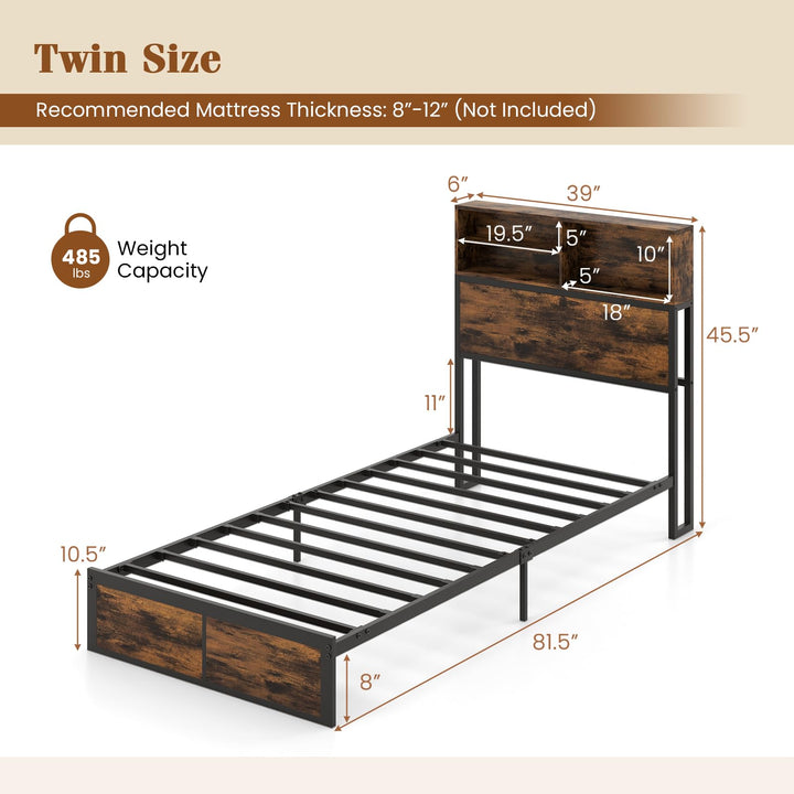 Giantex King/Queen/Twin Size Bed Frame with Storage Headboard and Charging Station, Industrial Metal Platform Bed