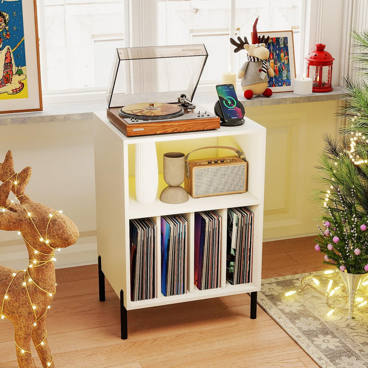 Giantex Record Player Stand with LED Lights &amp; Charging Station
