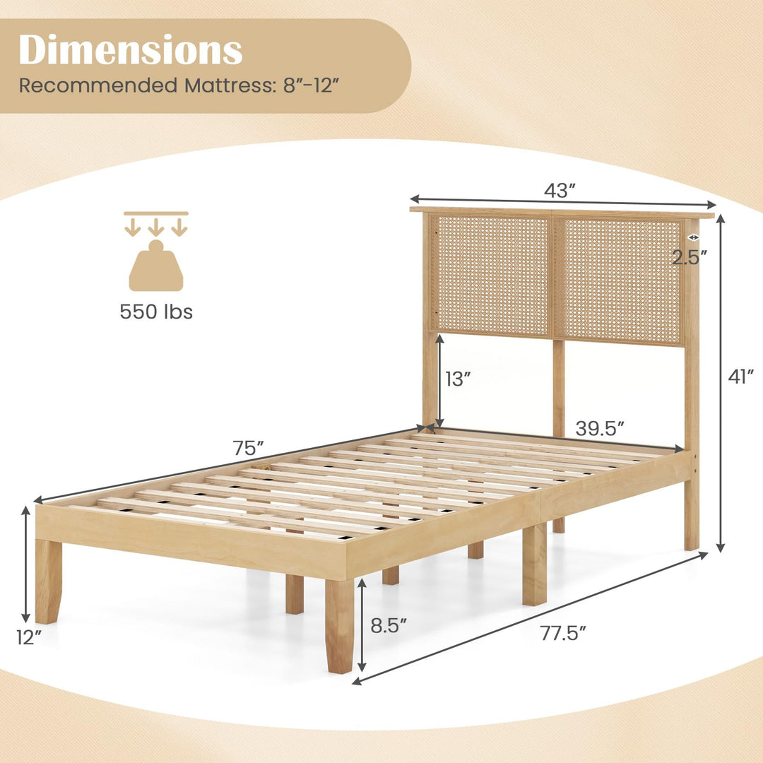 Giantex Queen/Full/Twin Size Bed Frames with Rattan Headboard, Boho Solid Wood Platform Bed with Wooden Slats