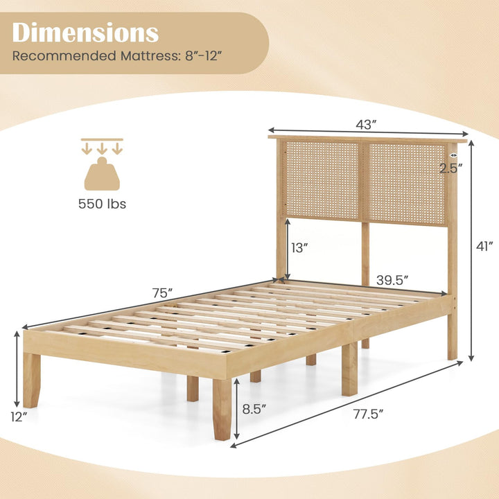 Giantex Queen/Full/Twin Size Bed Frames with Rattan Headboard, Boho Solid Wood Platform Bed with Wooden Slats