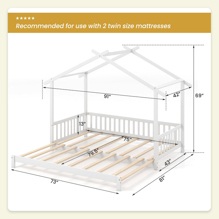 Giantex Extendable House Bed for Kids, Twin to King Daybed with Roof &amp; Fence Rails, Wood Kids Bed Frame for Teens