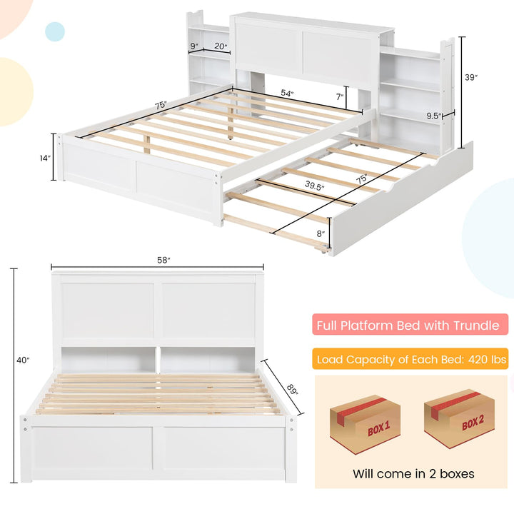 Giantex Full Bed Frame with Twin Trundle, Wooden Bed Wooden Bed Frame with 2 Rolling Bookcases &amp; High Headboard