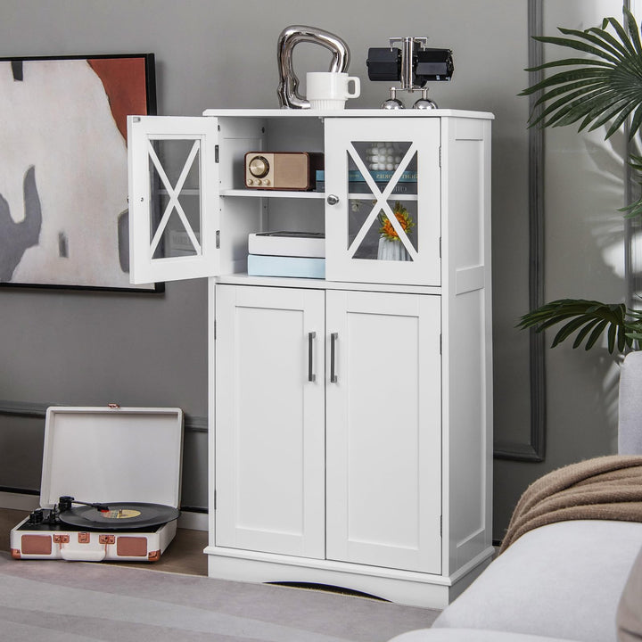 Giantex Bathroom Floor Storage Cabinet - Linen Floor Cabinet with Doors and Adjustable Shelves