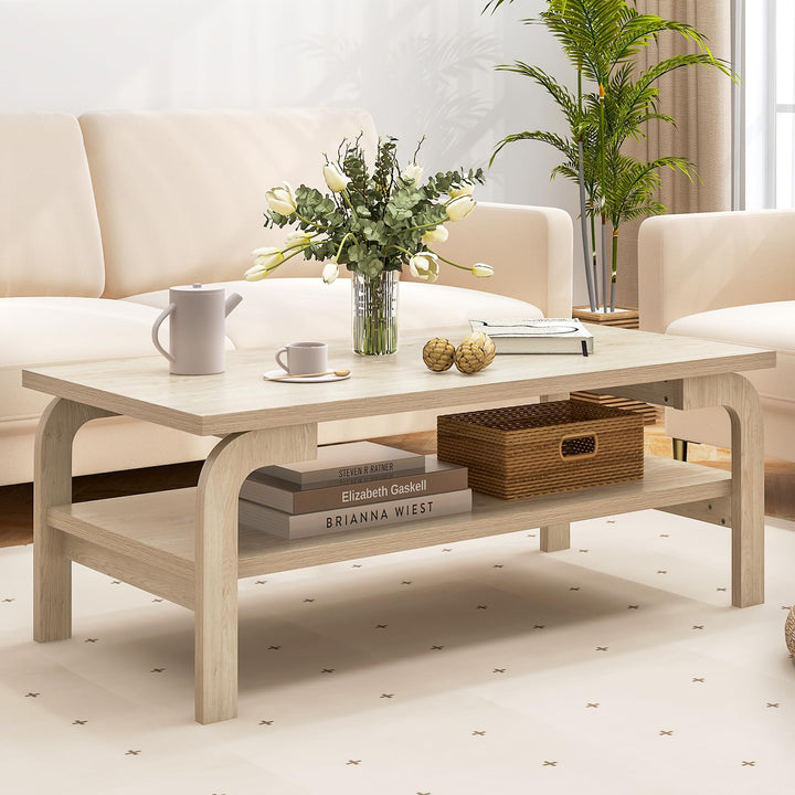 Giantex 2-Tier Coffee Table with Storage, 47” Mid Century Rectangle Accent Table with Open Shelf