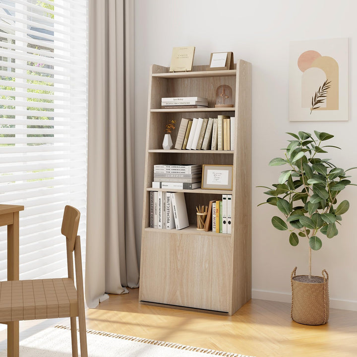 Giantex 6-Tier Bookcase, Freestanding Ladder Bookshelf with 2 Adjustable Shelves &amp; Flip Up Door