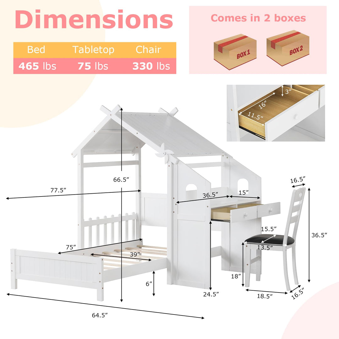 Giantex Twin House Bed with Desk &amp; Chair, Wood Kids Playhouse Bed with 2 Drawers