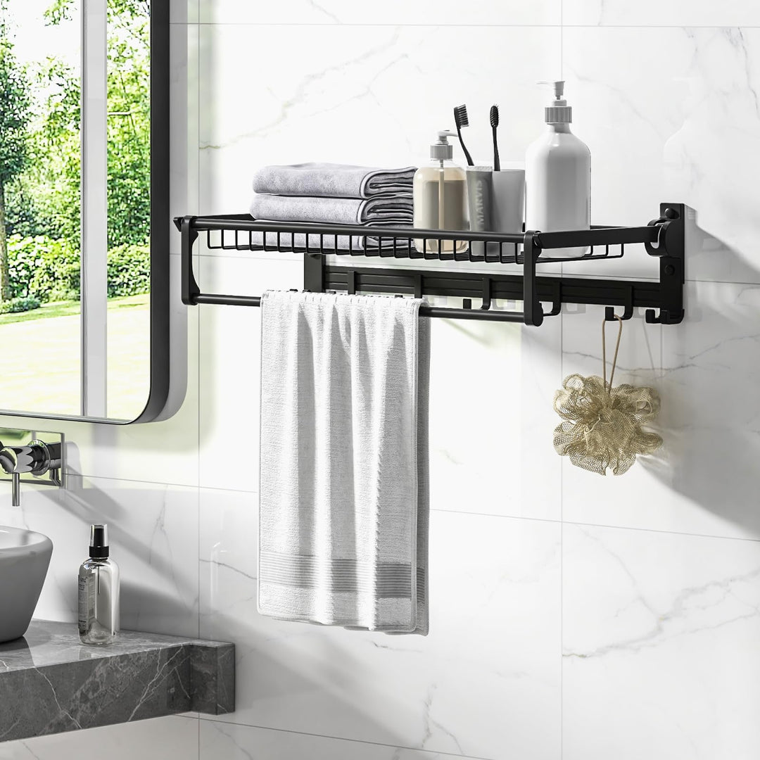Giantex Foldable Towel Rack for Bathroom, Wall Mounted Towel Holder Organizer w/ 1 Basket, 1 Towel Bar &amp; 5 Sliding Hooks