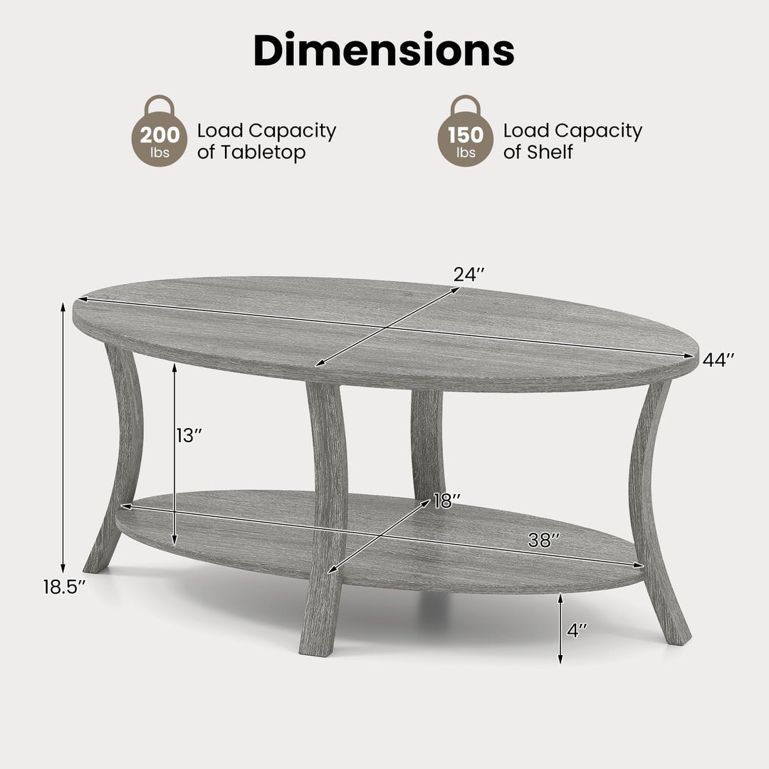 Giantex 44 Inch Oval Coffee Table 2-Tier Center Table with Storage Shelf &amp; Rubber Wood Frame