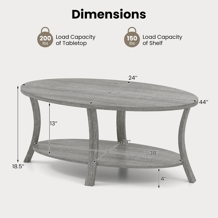 Giantex 44 Inch Oval Coffee Table 2-Tier Center Table with Storage Shelf &amp; Rubber Wood Frame