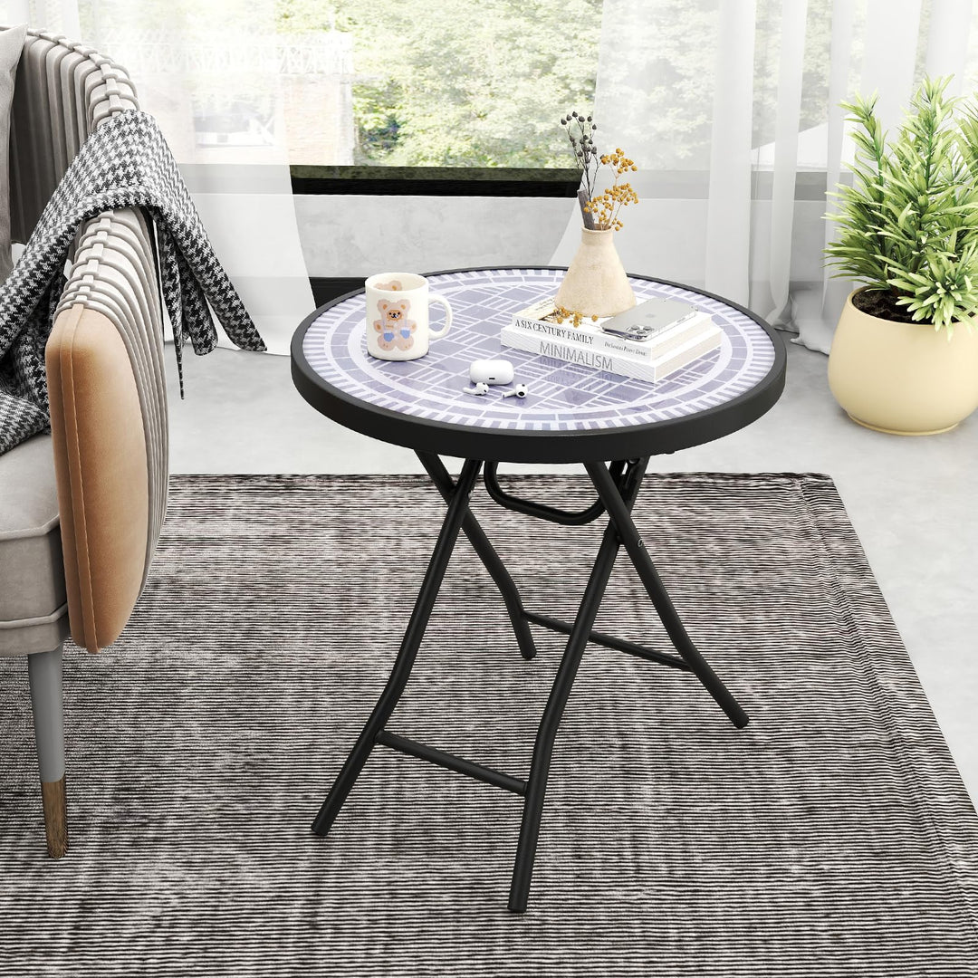 Giantex Folding Outdoor Side Table - 18” Round End Table with Tempered Glass Tabletop &amp; Metal Frame
