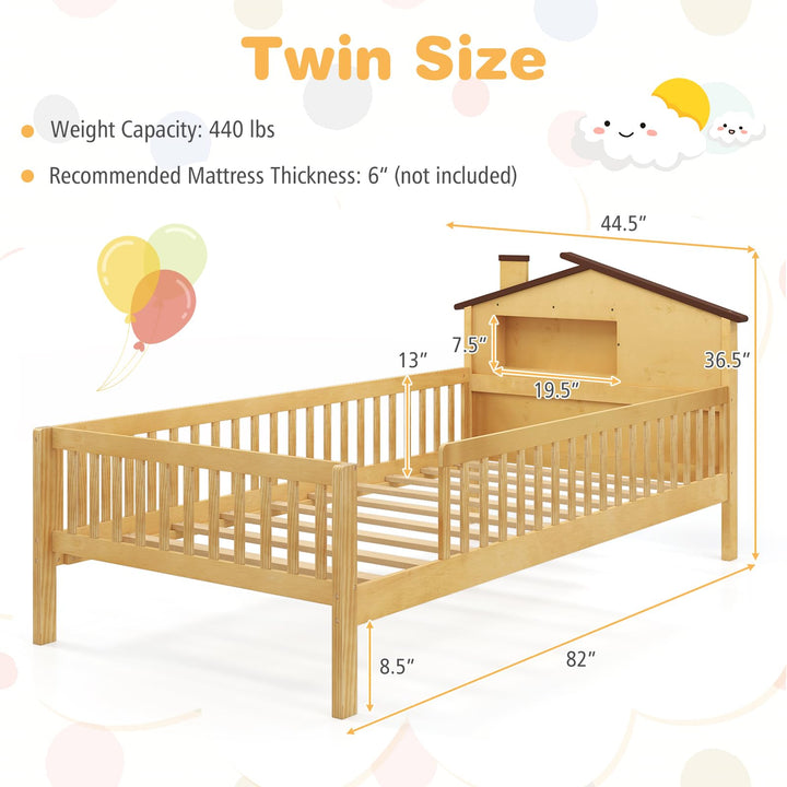 Giantex Twin Bed Frames for Kids, Solid Wood Montessori Bed with House-Shaped Headboard &amp; Built-in Storage Shelf