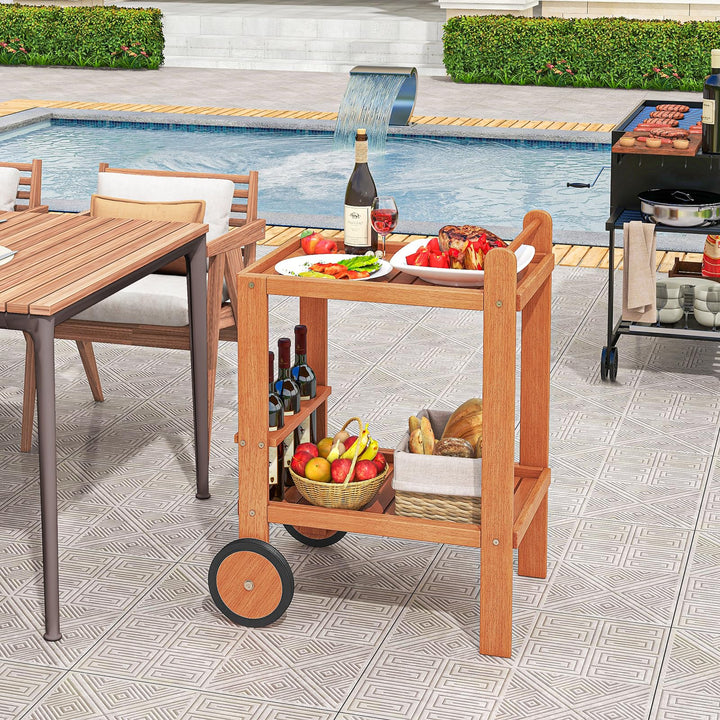Giantex Wood Bar Cart, 2 Tier Side Table with Large Wheels &amp; Wine Bottle Rack