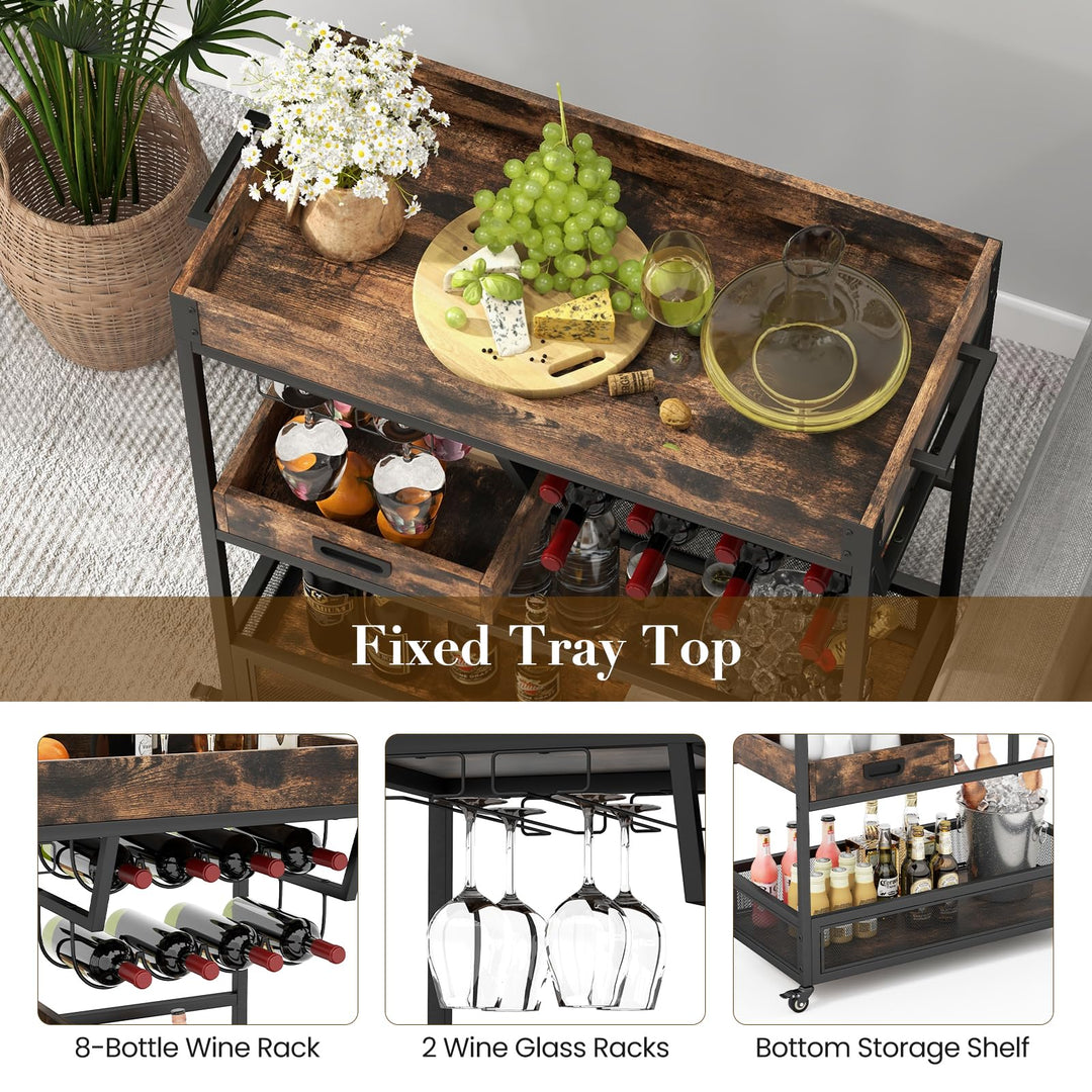 Giantex Rolling Bar Cart, 3-Tier Industrial Buffet Serving Cart with Wine Rack, Stemware Rack &amp; Removable Tray