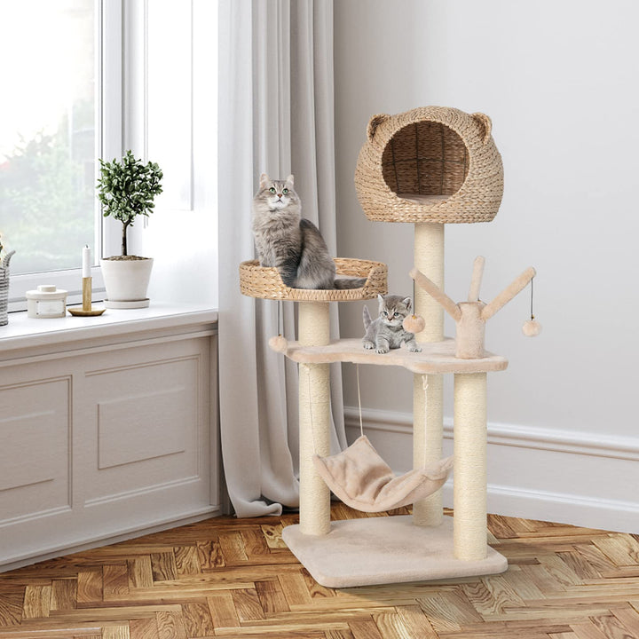 Giantex Wooden Cat Tree, 48 inches Cat Tower with Cattail Condo, Cat Bed, Hammock, Rotatable Jingling Balls