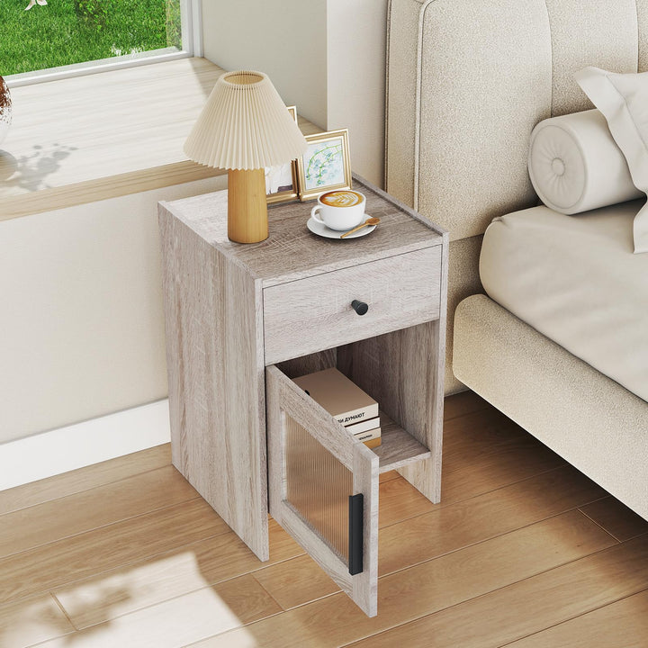 Giantex Farmhouse Nightstand with Drawer and Cabinet