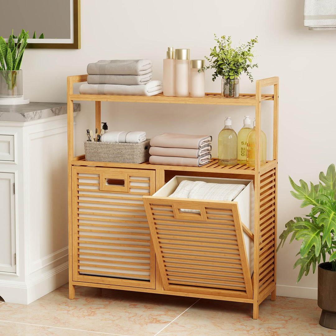 Giantex Double Tilt Out Laundry Hamper w/2-Tier Storage Shelf