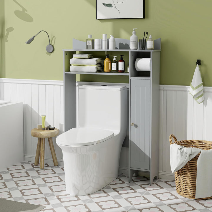 Giantex Over-The-Toilet Storage Cabinet, Bathroom Freestanding Space Saver with 1-Door Side Storage Cabinet &amp; Paper Holder