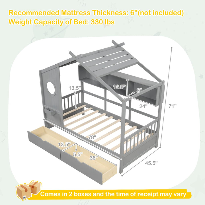 Giantex Twin House Bed with 2 Storage Drawers, Kids Bed Frame with Storage Cubes, Montessori Bed with Fence Guardrails &amp; Roof