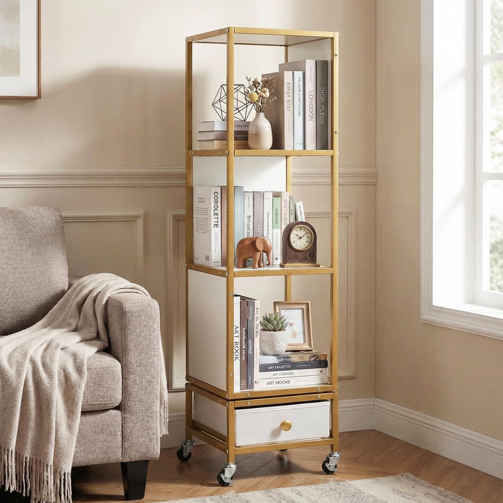 Giantex 4-Tier Rotating Bookshelf | 360° Spinning Corner Book Shelf Tower W/Removable Fabric Storage Drawer